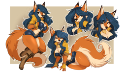 Size: 1698x1000 | Tagged: safe, artist:teranen, carmelita fox (sly cooper), canine, fox, mammal, anthro, plantigrade anthro, sly cooper (series), 2020, badge, beauty mark, belly button, belly fluff, belt, biting, blue hair, boots, border, bottomwear, breasts, brown eyes, cheek fluff, chest fluff, choker, cleavage fluff, clothes, crop top, digital art, ear fluff, ear piercing, female, fingerless gloves, fluff, fur, gloves, hair, jacket, knee-high boots, legs, lidded eyes, lip biting, lips, lipstick, looking at you, makeup, midriff, one eye closed, orange body, orange fur, pale belly, piercing, seductive, shoes, short shorts, shorts, solo, solo female, sultry pose, tail, tail fluff, thick thighs, thighs, topwear, tube top, white border, winking