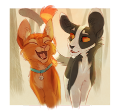 Size: 2000x1800 | Tagged: safe, artist:finchwing, jake (warrior cats), tallstar (warrior cats), cat, feline, mammal, feral, warrior cats, 2016, bell, cheek fluff, collar, cute, ear fluff, eyes closed, feral/feral, fluff, looking at each other, male, male/male, orange eyes, partially transparent background, shipping, tail, talljake (warrior cats), tallstar's revenge, transparent background