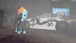 Size: 1920x1080 | Tagged: safe, artist:maksimusdel, rainbow dash (mlp), equine, fictional species, mammal, pegasus, pony, feral, friendship is magic, hasbro, my little pony, 16:9, 2016, 3d, car, clothes, feathered wings, feathers, female, folded wings, mare, smiling, solo, solo female, source filmmaker, supra, tail, vehicle, wallpaper, wings