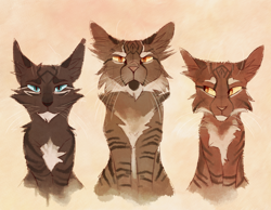 Size: 2324x1800 | Tagged: safe, artist:finchwing, bramblestar (warrior cats), hawkfrost (warrior cats), tigerstar (warrior cats), cat, feline, mammal, feral, warrior cats, 2016, amber eyes, blue eyes, cheek fluff, chest fluff, ear fluff, father, father and child, father and son, fluff, group, half-brother, half-brothers, half-siblings, male, males only, simple background, son, the new prophecy, trio, trio male