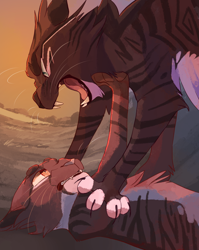 Size: 2000x2516 | Tagged: safe, artist:finchwing, bramblestar (warrior cats), hawkfrost (warrior cats), cat, feline, mammal, feral, warrior cats, spoiler:the new prophecy (warrior cats), 2016, amber eyes, blue eyes, cheek fluff, claws, duo, duo male, ear fluff, fighting, fluff, half-brother, half-brothers, half-siblings, high res, looking at each other, male, males only, neck fluff, paws, scene interpretation, sunset (warriors book), the new prophecy