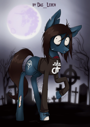 Size: 2387x3378 | Tagged: safe, artist:das_leben, earth pony, equine, fictional species, mammal, pony, undead, zombie, zombie pony, feral, bring me the horizon, drop dead clothing, friendship is magic, hasbro, my little pony, oliver sykes, 2020, bags under eyes, beady eyes, bloodshot eyes, blue fur, bone, brown hair, brown mane, brown tail, clothes, commission, crescent moon, cutie mark, digital art, fangs, fur, graveyard, hair, high res, hooves, lanky, lip piercing, long sleeves, looking at you, male, mane, moon, piercing, ponified, raised hoof, scar, shirt, solo, solo male, stallion, stitches, tail, tattoo, teeth, topwear, torn ear, ych result