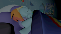Size: 1280x720 | Tagged: safe, artist:maksimusdel, rainbow dash (mlp), equine, fictional species, mammal, pegasus, pony, feral, friendship is magic, hasbro, my little pony, 16:9, 2016, 3d, blanket, eyes closed, female, lying down, mare, pillow, poster, sleeping, smiling, solo, solo female, source filmmaker, tail