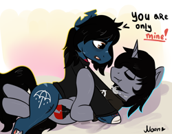 Size: 1406x1098 | Tagged: suggestive, artist:moon_emili, equine, fictional species, mammal, pony, undead, unicorn, zombie, zombie pony, feral, bring me the horizon, friendship is magic, hasbro, kellin quinn, my little pony, oliver sykes, sleeping with sirens, 2020, bags under eyes, bed, black hair, black mane, black tail, blue fur, bone, clothes, commission, cutie mark, dialogue, digital art, disguise, disguised siren, eyes closed, fangs, feral/feral, fur, gray fur, hair, horn, jewelry, lip piercing, long sleeves, male, male/male, mane, necklace, open mouth, piercing, ponified, scar, shipping, shirt, smiling, stitches, t-shirt, tail, talking, tattoo, teeth, topwear, torn ear, ych result