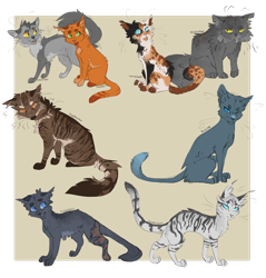 Size: 2394x2505 | Tagged: safe, artist:finchwing, bluestar (warrior cats), cinderpelt (warrior cats), firestar (warrior cats), graystripe (warrior cats), silverstream (warrior cats), spottedleaf (warrior cats), tigerstar (warrior cats), yellowfang (warrior cats), cat, feline, mammal, feral, warrior cats, 2015, amber eyes, blue eyes, english text, female, fluff, green background, green eyes, group, high res, large group, male, partially transparent background, paws, scar, simple background, tail, text, transparent background, yellow eyes
