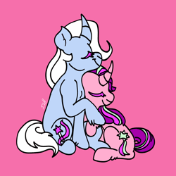 Size: 1280x1280 | Tagged: safe, artist:komodoyena, starlight glimmer (mlp), trixie (mlp), equine, fictional species, mammal, pony, unicorn, feral, friendship is magic, hasbro, my little pony, cuddling, curved horn, duo, duo female, eyes closed, female, female/female, happy, horn, hug, mare, pink background, shipping, simple background, smiling, startrix (mlp), tail