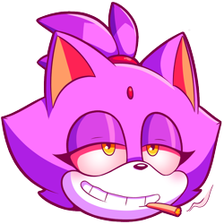 Size: 1000x1000 | Tagged: safe, artist:biffalo, blaze the cat (sonic), cat, feline, mammal, anthro, cc by-nc, creative commons, sega, sonic the hedgehog (series), 2019, 420, colored outline, disembodied head, drugs, female, fur, grin, hair, hair tie, head, high, joint, lavender fur, lidded eyes, marijuana, purple body, purple fur, red outline, simple background, smiling, smoking, solo, solo female, transparent background, yellow eyes