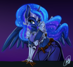 Size: 938x861 | Tagged: safe, artist:xxmarkingxx, princess luna (mlp), alicorn, equine, fictional species, mammal, pony, anthro, friendship is magic, hasbro, my little pony, anthrofied, armor, bedroom eyes, belly button, breasts, ethereal mane, feathered wings, feathers, female, horn, lidded eyes, looking at you, mare, midriff, signature, smiling, solo, solo female, spread wings, tail, teal eyes, unconvincing armor, wings