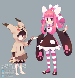 Size: 2205x2277 | Tagged: safe, artist:zerudez, human, mammal, nintendo, pokémon, 2016, animal costume, barefoot, bewear costume, blue background, brown eyes, clothes, cosplay, costume, digital art, dress, duo, female, gijinka, hair, hand hold, high res, holding, holding hands, hood, hoodie, human only, humanized, legwear, male, mimikyu costume, not furry focus, pink hair, shoes, simple background, smiling, species swap, stockings, topwear