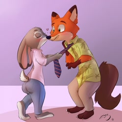 Size: 1274x1280 | Tagged: safe, artist:093, judy hopps (zootopia), nick wilde (zootopia), canine, fox, lagomorph, mammal, rabbit, red fox, anthro, disney, zootopia, 2016, barefoot, blushing, bottomwear, butt, clothes, duo, female, heart, interspecies, jeans, kiss on the cheek, love heart, male, male/female, pants, shipping, signature, size difference, tail, wildehopps (zootopia)