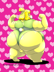 Size: 3512x4683 | Tagged: suggestive, artist:fennekoshee, isabelle (animal crossing), canine, dog, mammal, shih tzu, anthro, animal crossing, nintendo, 2020, abstract background, blush sticker, butt, fat, fat fetish, female, flexing, fur, hair, hair tie, heart, heart background, high res, huge thighs, hyper, hyper butt, looking at you, looking back, looking back at you, morbidly obese, obese, one-piece swimsuit, shadow, solo, solo female, tail, watermark, yellow fur