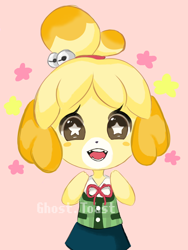 Size: 1536x2048 | Tagged: safe, artist:ghost-toast030, isabelle (animal crossing), canine, dog, mammal, shih tzu, anthro, animal crossing, nintendo, 2018, cute, female, looking at you, pink background, simple background, solo, solo female, starry eyes, stars, watermark, wingding eyes