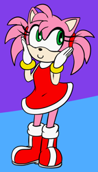 Size: 732x1280 | Tagged: safe, artist:hybridprojectalpha, amy rose (sonic), hedgehog, mammal, anthro, sega, sonic the hedgehog (series), 2011, boots, clothes, cute, dress, female, fur, gloves, green eyes, pigtails, pink fur, quills, shoes, smiling, solo, solo female