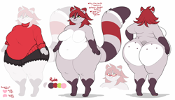 Size: 1200x685 | Tagged: suggestive, artist:fathips, oc, oc:rude, mammal, procyonid, raccoon, anthro, 2015, big belly, big breasts, big butt, bottomwear, breasts, butt, clothes, fat, featureless breasts, female, freckles, glasses, nudity, obese, overweight, reference sheet, shadow, simple background, skirt, solo, solo female, sweater, tail, topwear, turtleneck, white background