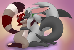 Size: 1280x864 | Tagged: species needed, safe, artist:hybridprojectalpha, oc, oc:alpha, oc:rude, mammal, procyonid, raccoon, anthro, 2015, breasts, butt, couple, duo, eyes closed, female, freckles, fursona, hug, male, male/female, multiple tails, multiple tongues, nudity, slightly chubby, small breasts, tail, three tails, tongue, tongue out