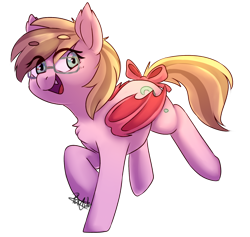 Size: 1600x1517 | Tagged: safe, artist:pucksterv, oc, oc only, oc:vanilla twirl, bat pony, equine, fictional species, mammal, pony, feral, friendship is magic, hasbro, my little pony, 2019, art trade, bat wings, bow, cute, cute little fangs, female, folded wings, glasses, hair bow, happy, looking at you, open mouth, running, simple background, smiling, solo, solo female, species swap, tail, transparent background, webbed wings, wings