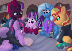 Size: 4961x3508 | Tagged: safe, artist:pucksterv, princess luna (mlp), smarty pants (mlp), starlight glimmer (mlp), sunset shimmer (mlp), tempest shadow (mlp), trixie (mlp), twilight sparkle (mlp), alicorn, equine, fictional species, mammal, pony, unicorn, feral, friendship is magic, hasbro, my little pony, my little pony: the movie, 2020, absurd resolution, bed, blushing, book, broken horn, clothes, drink, eye scar, feathered wings, feathers, female, folded wings, food, group, high res, hoodie, hooves, horn, legwear, looking at something, lying down, mare, pajamas, popcorn, quill pen, reading, scar, scenery, signature, sitting, sleepover, smiling, socks, striped clothes, striped legwear, tail, tea, topwear, underhoof, wings