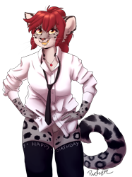 Size: 2280x3044 | Tagged: safe, artist:pucksterv, oc, oc only, oc:sarashi, big cat, feline, mammal, snow leopard, anthro, 2019, birthday, clothes, ear fluff, featureless crotch, female, fluff, front view, fur, gift art, hair, hand on hip, high res, jewelry, legwear, looking at you, necklace, necktie, pendant, red hair, shirt, signature, simple background, smiling, solo, solo female, spotted fur, text, thigh highs, topwear, transparent background, whiskers