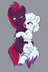 Size: 2701x4096 | Tagged: safe, artist:pucksterv, tempest shadow (mlp), canon x oc, oc, oc:faayan, equine, fictional species, mammal, pony, unicorn, zebra, feral, friendship is magic, hasbro, my little pony, my little pony: the movie, 2020, bedroom eyes, blushing, commission, cuddling, duo, female, female/female, gray background, hooves, horn, hug, licking, lidded eyes, looking at each other, lying down, mare, shipping, simple background, sketch, tongue, tongue out, underhoof