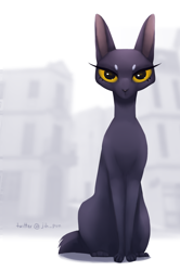 Size: 800x1208 | Tagged: safe, artist:jih-pun, oc, oc only, oc:tani (pygmysquid), cat, feline, mammal, feral, 2019, amber eyes, ambiguous gender, black cat, black fur, cute, fur, looking at you, paws, signature, sitting, solo, solo ambiguous, tail, text