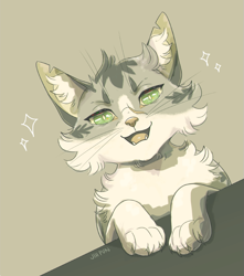 Size: 707x800 | Tagged: dead source, safe, artist:jih-pun, ivypool (warrior cats), cat, feline, mammal, feral, warrior cats, cheek fluff, chest fluff, claws, cute, ear fluff, female, fluff, gray background, green eyes, head fluff, looking at you, neck fluff, paws, signature, simple background, smiling, solo, solo female, sparkles, text