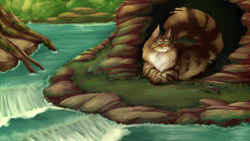 Size: 1500x844 | Tagged: dead source, safe, artist:jih-pun, oc, oc only, oc:wrenfeather (theladyindigo), cat, feline, mammal, feral, warrior cats, ambiguous gender, cheek fluff, chest fluff, cute, ear fluff, fluff, grass, green eyes, lying down, neck fluff, paws, river, roots, scenery, scenery porn, solo, solo ambiguous, tail, tree