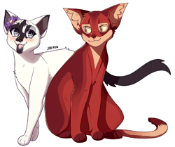 Size: 850x709 | Tagged: dead source, safe, artist:jih-pun, oc, oc only, cat, feline, mammal, feral, warrior cats, blushing, brown eyes, cute, english text, female, feral/feral, gray eyes, looking at each other, male, male/female, paws, shipping, signature, simple background, sitting, tail, text, transparent background