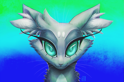 Size: 949x626 | Tagged: safe, artist:jih-pun, needletail (warrior cats), cat, feline, mammal, feral, warrior cats, abstract background, cheek fluff, cyan eyes, ear fluff, female, fluff, looking at you, signature, solo, solo female, text, watermark