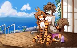 Size: 2080x1300 | Tagged: suggestive, artist:twokinds, flora (twokinds), kat (twokinds), big cat, canine, feline, fictional species, hybrid, keidran, mammal, tiger, anthro, twokinds, 2020, 8:5, biting, blushing, breasts, cloud, duo, ear bite, ear nibble, female, flat chest, hug, leg lock, legs around body, looking back, massage, ocean, shampoo, shower head, small breasts, stairs, water, wooden floor