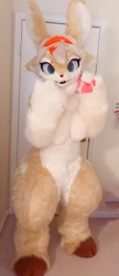 Size: 574x1334 | Tagged: species needed, safe, artist:faeki_dk, artist:mochiriworks, collaboration, oc, oc only, mammal, anthro, 2019, fursuit, irl, paw pads, paws, photo, smiling, solo, underpaw