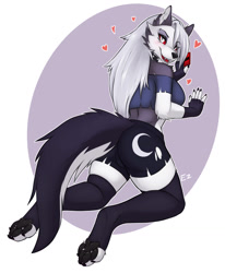 Size: 1054x1280 | Tagged: safe, artist:eternityzinogre, loona (vivzmind), canine, fictional species, hellhound, mammal, anthro, digitigrade anthro, hazbin hotel, helluva boss, 2019, bottomwear, clothes, crop top, cropped shirt, fangs, female, fingerless gloves, gloves, heart, legwear, looking at you, love heart, paw pads, paws, sharp teeth, shirt, shorts, solo, solo female, stockings, teeth, topwear, underpaw