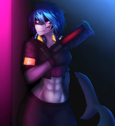 Size: 2000x2200 | Tagged: safe, artist:xaenyth, fish, shark, anthro, abs, clothes, female, fins, fish tail, gun, high res, muscles, shark tail, solo, solo female, tail, weapon