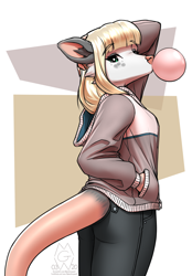 Size: 1850x2660 | Tagged: safe, artist:mykegreywolf, oc, oc only, mammal, marsupial, opossum, anthro, blonde hair, blue eyes, bottomwear, breasts, bubblegum, clothes, female, furgonomics, hair, hairless tail, hand behind head, hand in pocket, hoodie, looking at you, pants, simple background, solo, solo female, tail, tail hole, topwear