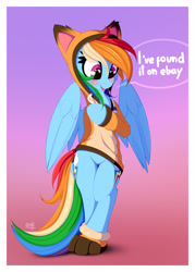 Size: 3700x5177 | Tagged: safe, artist:omi, rainbow dash (mlp), equine, fictional species, mammal, pegasus, pony, semi-anthro, friendship is magic, hasbro, my little pony, absurd resolution, bipedal, blue body, blue fur, blushing, bottomless, clothes, color porn, cutie mark, feathered wings, feathers, featureless crotch, female, fur, gradient background, hair, hoodie, mane, mare, nudity, open mouth, partial nudity, rainbow hair, rainbow mane, rainbow tail, signature, simple background, solo, solo female, speech bubble, tail, topwear, white border, wings
