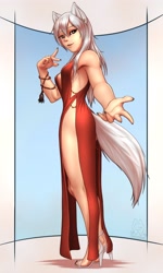 Size: 1920x3200 | Tagged: suggestive, artist:mykegreywolf, oc, oc only, animal humanoid, canine, fictional species, mammal, wolf, humanoid, 2019, animal ears, big breasts, bracelet, breasts, butt, claws, cleavage, clothes, commission, dress, ear piercing, earring, eyebrow through hair, eyebrows, eyelashes, feet, female, fluff, hair, high heels, jewelry, legs, looking at you, piercing, red dress, sexy, shoes, side slit, sideboob, solo, solo female, tail, tail fluff, thick thighs, thighs, white hair