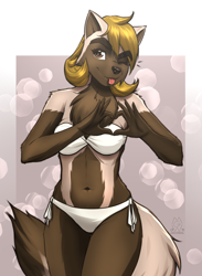 Size: 1684x2306 | Tagged: safe, artist:mykegreywolf, oc, oc only, oc:mel (mykegreywolf), mammal, mustelid, wolverine, anthro, 2019, belly button, bikini, clothes, female, one eye closed, solo, solo female, swimsuit, tongue, tongue out, winking
