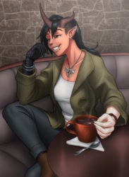 Size: 1920x2619 | Tagged: safe, artist:mykegreywolf, oc, oc only, oc:agatha (liquidfear), animal humanoid, chimera, fictional species, mammal, humanoid, 2019, bottomwear, clothes, coffee, coffee mug, ear piercing, earring, female, jacket, jewelry, necklace, nose ring, pants, piercing, scales, shirt, skin, solo, solo female, topwear