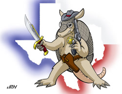 Size: 935x720 | Tagged: safe, artist:texasuberalles, part of a set, armadillo, mammal, feral, abstract background, badge, bowie knife, clothes, cowboy hat, glasses, gun, hat, knife, male, revolver, round glasses, solo, solo male, story included, texas, weapon