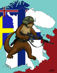 Size: 720x931 | Tagged: safe, artist:texasuberalles, part of a set, mammal, mustelid, otter, feral, assault rifle, bayonet, finland, gun, helmet, male, map, rifle, rk 62, solo, solo male, story included, weapon