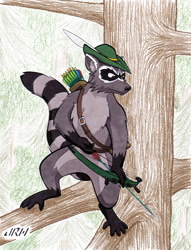 Size: 720x943 | Tagged: safe, artist:texasuberalles, part of a set, mammal, procyonid, raccoon, feral, arrow, bow (weapon), clothes, colored pencil drawing, hat, male, marker drawing, solo, solo male, story included, tree, weapon