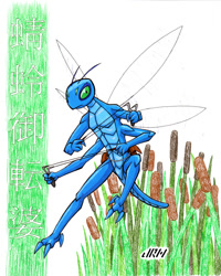 Size: 720x900 | Tagged: safe, artist:texasuberalles, part of a set, arthropod, dragonfly, insect, anthro, cattail, colored pencil drawing, female, flying, japanese, marker drawing, slingshot, solo, solo female, story included, traditional art, wings