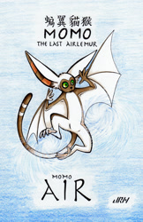 Size: 720x1113 | Tagged: safe, artist:texasuberalles, part of a set, momo (avatar tla), fictional species, lemur, mammal, primate, winged lemur, feral, avatar: the last airbender, nickelodeon, air lemur, airbending, chinese, colored pencil drawing, flying, long ears, male, marker drawing, solo, solo male, traditional art