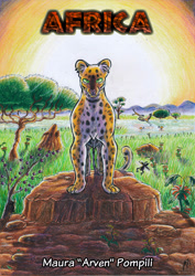 Size: 1651x2328 | Tagged: safe, artist:arven92, arthropod, beetle, big cat, feline, insect, leopard, mammal, feral, africa (arven92), comic:africa, 2013, ambient insect, ambient wildlife, comic, cover art, female, front view, grass, green eyes, looking at you, mountain, outdoors, paws, signature, solo, solo female, solo focus, tail, traditional art, tree