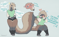 Size: 1300x804 | Tagged: safe, artist:evehly, oc, oc only, oc:jayme (evehly), anteater, mammal, anthro, big tail, blushing, body markings, bottomwear, breasts, clothes, crying, curvy, cute, embarrassed, female, fluff, legwear, short shorts, shorts, social anxiety, solo, solo female, tail, tail fluff, tears, thick, thighs, toeless legwear