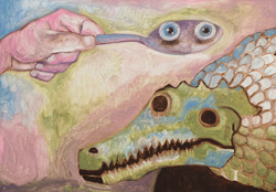 Size: 750x523 | Tagged: safe, artist:francesco clemente, crocodile, crocodilian, human, mammal, reptile, feral, abstract background, ambiguous gender, disembodied hand, egg, eyeless, eyes, fine art, hand, not salmon, painting, scales, spoon, wat