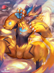 Size: 881x1200 | Tagged: suggestive, artist:cheetahpaws, feline, fictional species, legendary pokémon, mammal, mythical pokémon, zeraora, anthro, nintendo, pokémon, abstract background, bed, black fur, blue fur, blushing, chest fluff, claws, eyes closed, fangs, fluff, fur, lying down, male, obtrusive watermark, on back, open mouth, paws, pillow, poké ball, signature, sleeping, solo, solo male, teeth, watermark, yellow fur