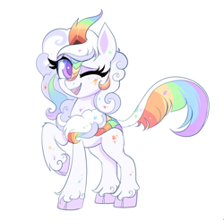 Size: 598x588 | Tagged: safe, artist:confetticakez, oc, oc only, oc:cloudy canvas, equine, fictional species, kirin, mammal, feral, friendship is magic, hasbro, my little pony, curved horn, female, horn, looking at you, mare, one eye closed, purple eyes, simple background, smiling, solo, solo female, tail, white background, winking