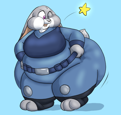 Size: 1200x1134 | Tagged: suggestive, artist:nemo, judy hopps (zootopia), lagomorph, lop eared, mammal, rabbit, anthro, disney, zootopia, 2016, belt, big breasts, blue background, breasts, butt, chubby cheeks, clothes, fat, female, fur, gray fur, huge belly, huge butt, obese, one eye closed, open mouth, police uniform, purple eyes, simple background, solo, solo female, tail, winking