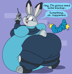 Size: 1869x1920 | Tagged: suggestive, artist:nemo, judy hopps (zootopia), lagomorph, mammal, rabbit, anthro, disney, zootopia, 2019, butt, chubby cheeks, dialogue, english text, fat, female, fur, gray fur, huge butt, hyper, hyper belly, looking back, morbidly obese, obese, onomatopoeia, open mouth, pink nose, police uniform, solo, solo female, tail, talking, text, weight gain