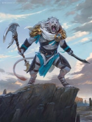 Size: 1920x2548 | Tagged: safe, artist:victor adame, ajani (magic: the gathering), big cat, feline, mammal, anthro, digitigrade anthro, magic the gathering, blue eyes, claws, cliff, clothes, fangs, fur, leg wraps, leonin, open mouth, paws, roar, scenery, sharp teeth, signature, solo, sword, tail, teeth, watermark, weapon, white fur, wraps